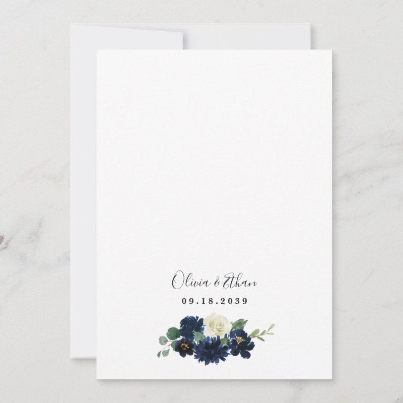 Navy Blue and Silver Elegant Ivory Floral Wedding Invitation Flat Invitation, Size: 5\\" x 7\\