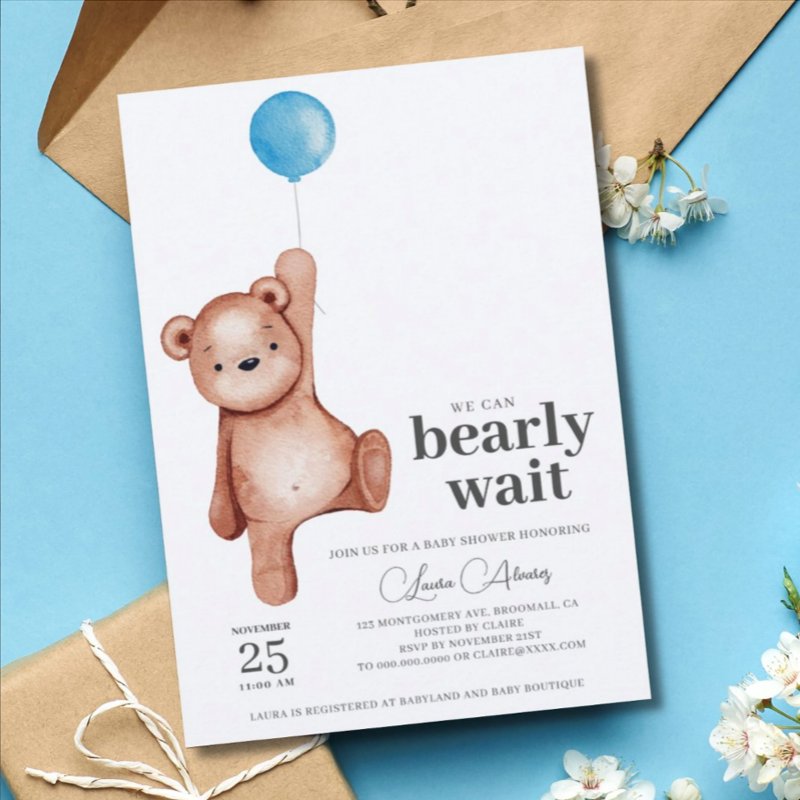 Teddy Bear Boy Baby Shower Invitation Flat Invitation, Size: 5\\" x 7\\