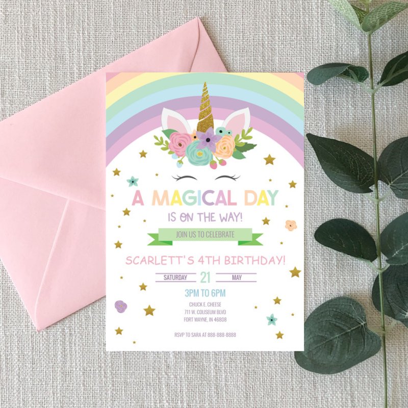 Magical Day Unicorn and Rainbows Birthday Invitation Flat Invitation, Size: 5\\" x 7\\