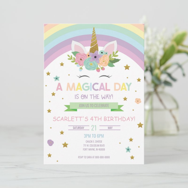 Magical Day Unicorn and Rainbows Birthday Invitation Flat Invitation, Size: 5\" x 7\ 4 Magical Day Unicorn and Rainbows Birthday Invitation Flat Invitation, Size: 5\\" x 7\\
