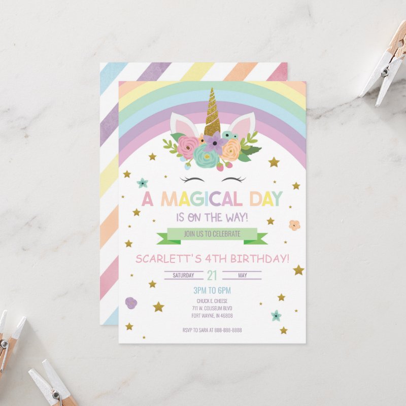 Magical Day Unicorn and Rainbows Birthday Invitation Flat Invitation, Size: 5\" x 7\ 6 Magical Day Unicorn and Rainbows Birthday Invitation Flat Invitation, Size: 5\\" x 7\\