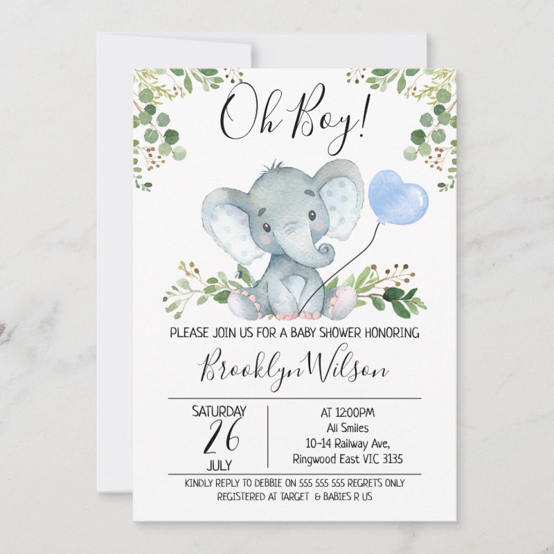Boy\'s Elephant Watercolor Baby Shower Invitation Flat Invitation, Size: 5\\" x 7\\