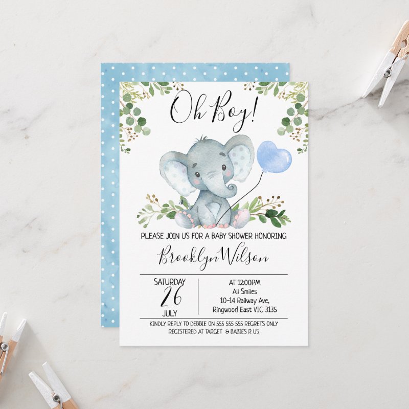 Boy's Elephant Watercolor Baby Shower Invitation Flat Invitation, Size: 5\" x 7\ 4 Boy\'s Elephant Watercolor Baby Shower Invitation Flat Invitation, Size: 5\\" x 7\\