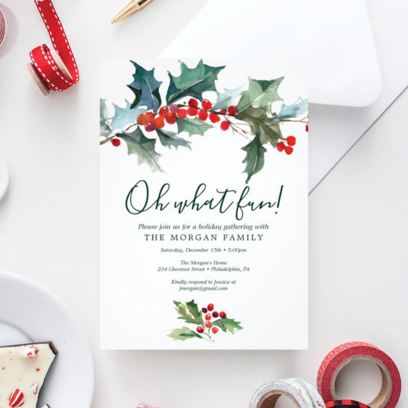 Holiday Holly Christmas Party Invitation Flat Invitation, Size: 3.5\\" x 5\\
