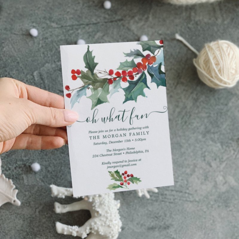 Holiday Holly Christmas Party Invitation Flat Invitation, Size: 3.5\\" x 5\\