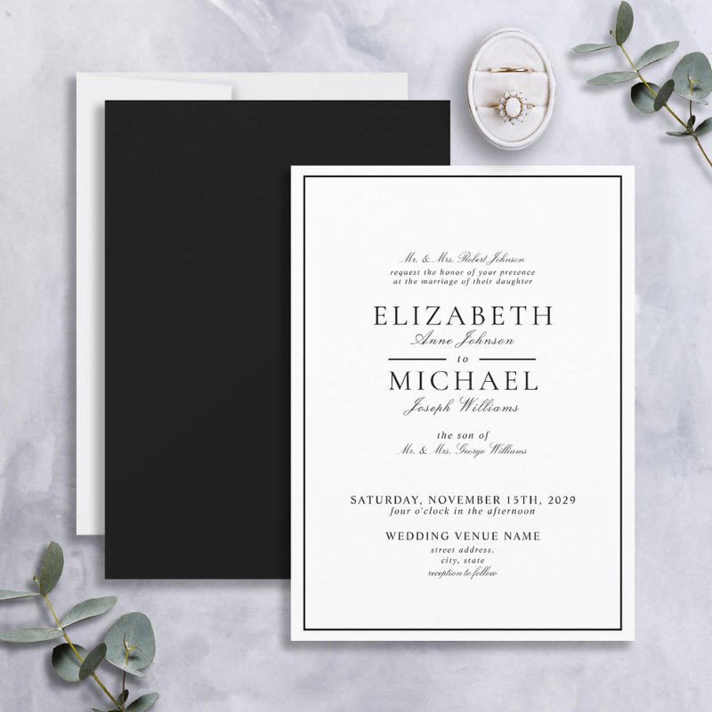 Elegant Black & White Classic Script Wedding Invitation Flat Invitation, Size: 5\" x 7\ 3 Elegant Black & White Classic Script Wedding Invitation Flat Invitation, Size: 5\\" x 7\\