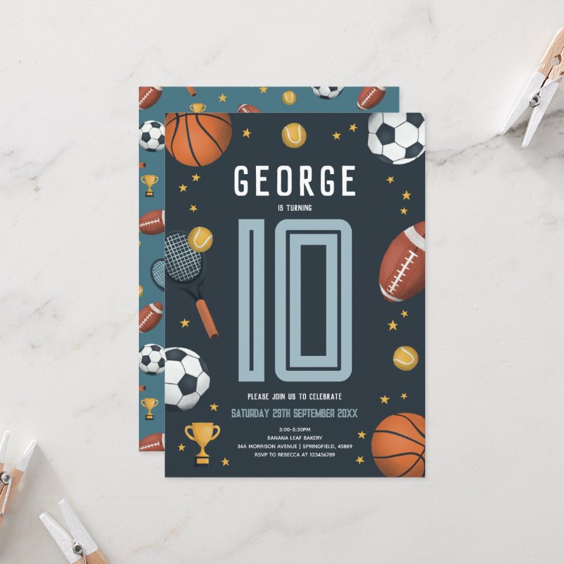 Boys Modern Blue Sports Kids Birthday Invitation Flat Invitation, Size: 5\" x 7\ 7 Boys Modern Blue Sports Kids Birthday Invitation Flat Invitation, Size: 5\\" x 7\\