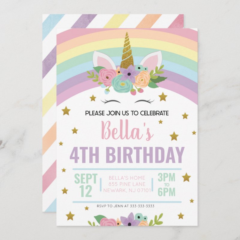 Unicorn and Rainbows Birthday Party Invitation Flat Invitation, Size: 5\" x 7\ 4 Unicorn and Rainbows Birthday Party Invitation Flat Invitation, Size: 5\\" x 7\\