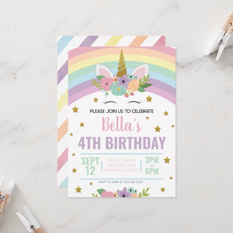 Unicorn and Rainbows Birthday Party Invitation Flat Invitation, Size: 5\" x 7\ 5 Unicorn and Rainbows Birthday Party Invitation Flat Invitation, Size: 5\\" x 7\\