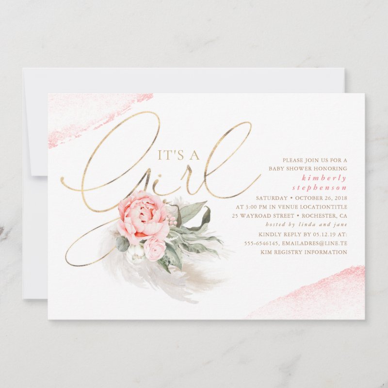Pink and Gold Its A Girl Floral Boho Baby Shower Invitation Flat Invitation, Size: 5\\" x 7\\