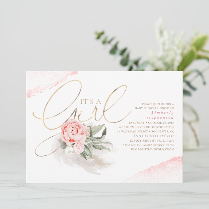 Pink and Gold Its A Girl Floral Boho Baby Shower Invitation Flat Invitation, Size: 5\" x 7\ 3 Pink and Gold Its A Girl Floral Boho Baby Shower Invitation Flat Invitation, Size: 5\\" x 7\\