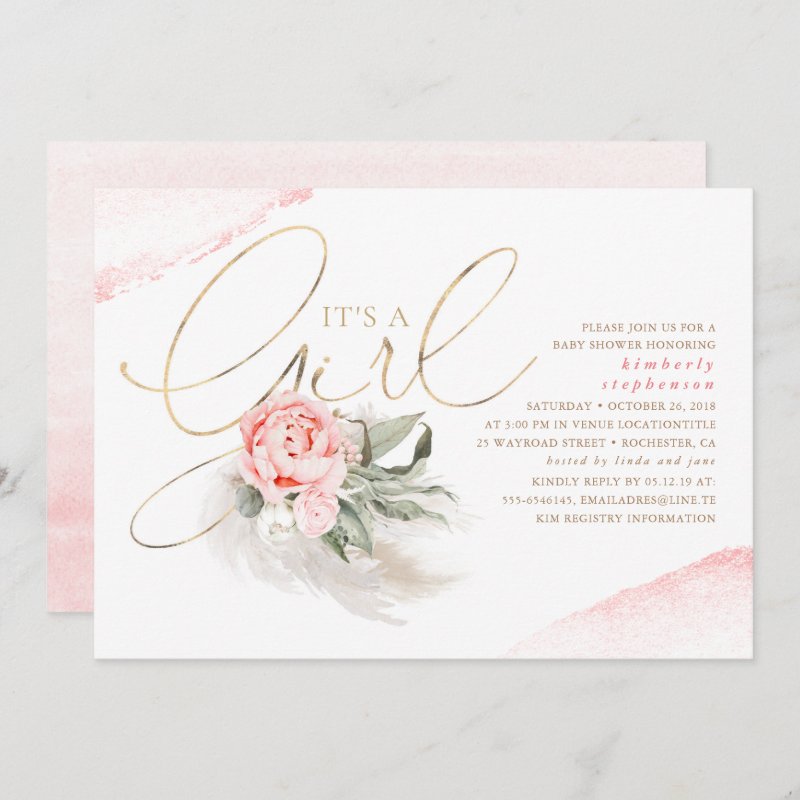 Pink and Gold Its A Girl Floral Boho Baby Shower Invitation Flat Invitation, Size: 5\" x 7\ 4 Pink and Gold Its A Girl Floral Boho Baby Shower Invitation Flat Invitation, Size: 5\\" x 7\\