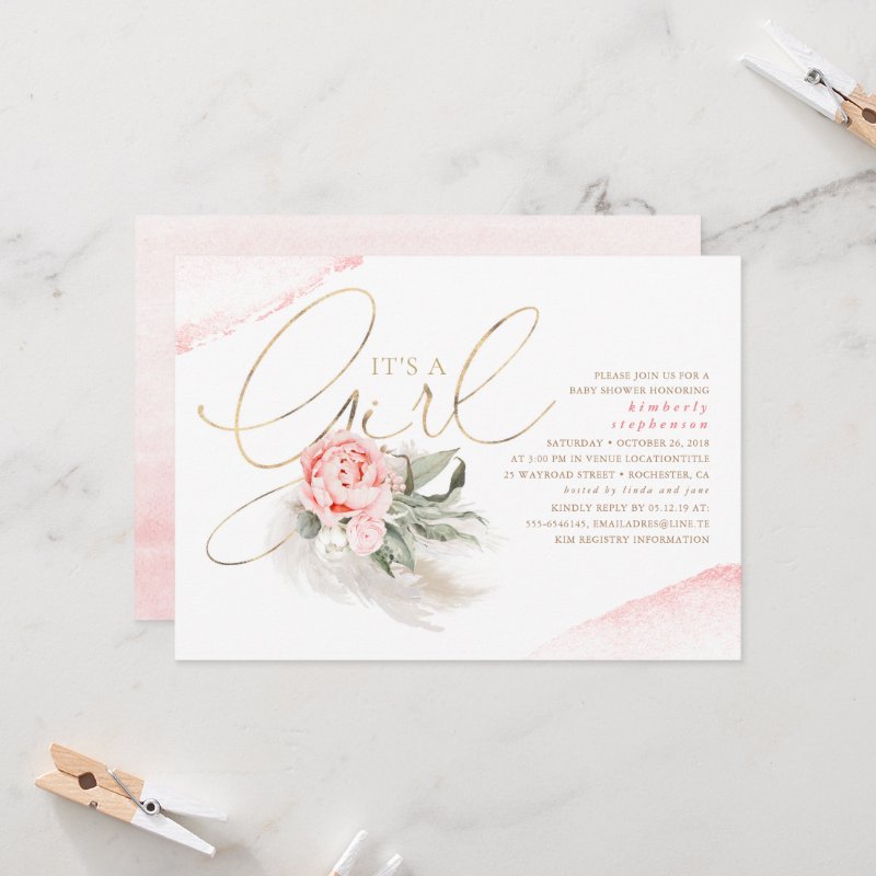Pink and Gold Its A Girl Floral Boho Baby Shower Invitation Flat Invitation, Size: 5\" x 7\ 5 Pink and Gold Its A Girl Floral Boho Baby Shower Invitation Flat Invitation, Size: 5\\" x 7\\
