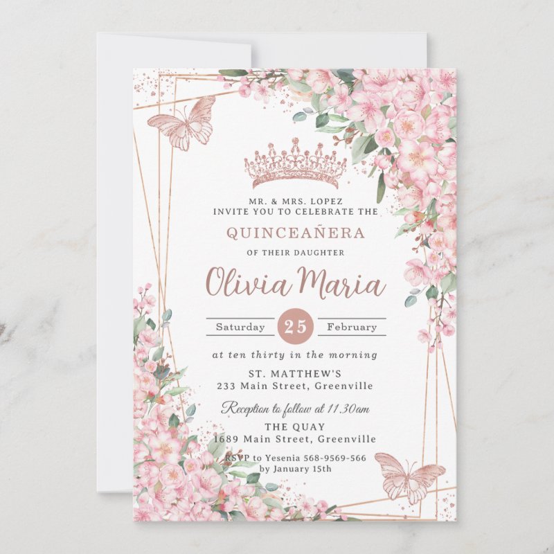 Cherry Blossoms Rose Gold Butterflies Quinceañera Invitation Flat Invitation, Size: 5\\" x 7\\