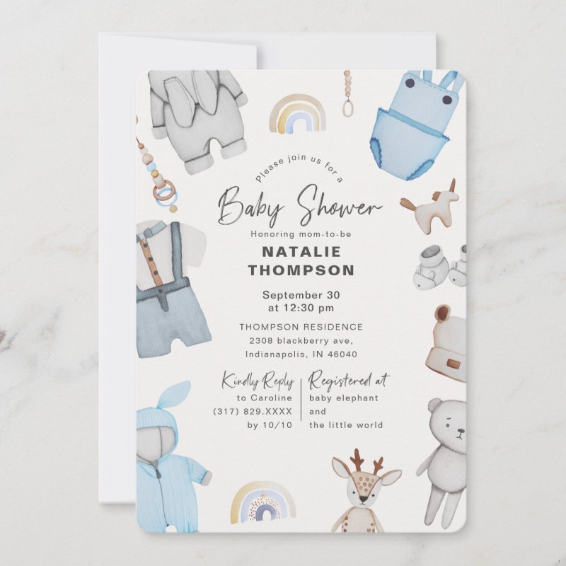 Blue Baby Clothes & Toys Boy Baby Shower Invitation Flat Invitation, Size: 5\\" x 7\\