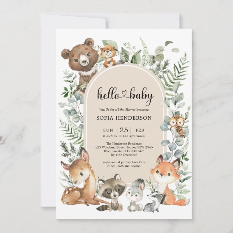 Boho Arch Greenery Woodland Animals Baby Shower Invitation Flat Invitation, Size: 5\\" x 7\\