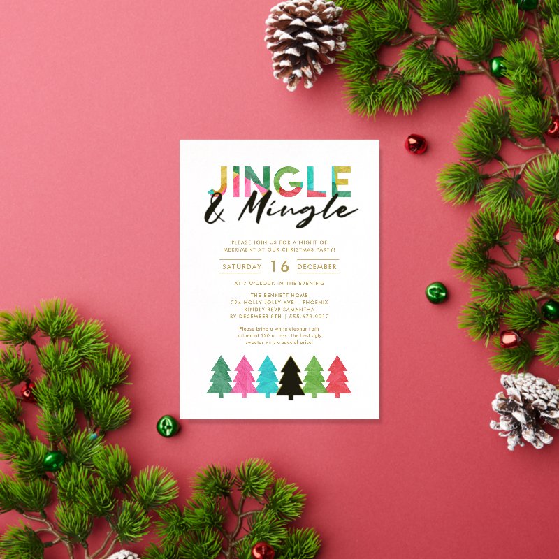 Modern Colorful Jingle and Mingle Christmas Party Foil Invitation 5\" x 7\" Foil Invitation 10 Modern Colorful Jingle and Mingle Christmas Party Foil Invitation 5\\" x 7\\" Foil Invitation