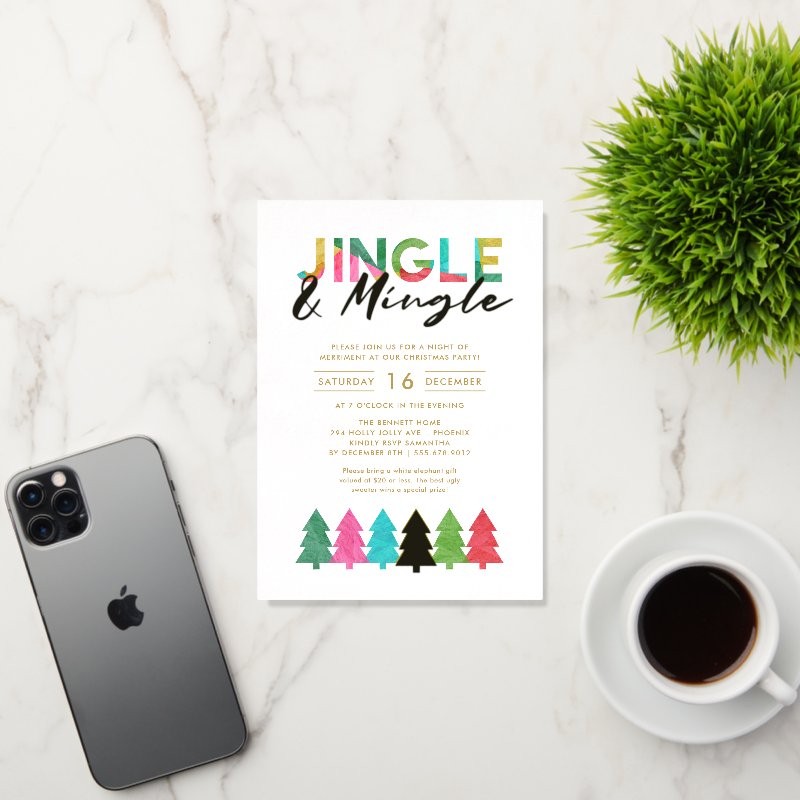 Modern Colorful Jingle and Mingle Christmas Party Foil Invitation 5\" x 7\" Foil Invitation 11 Modern Colorful Jingle and Mingle Christmas Party Foil Invitation 5\\" x 7\\" Foil Invitation