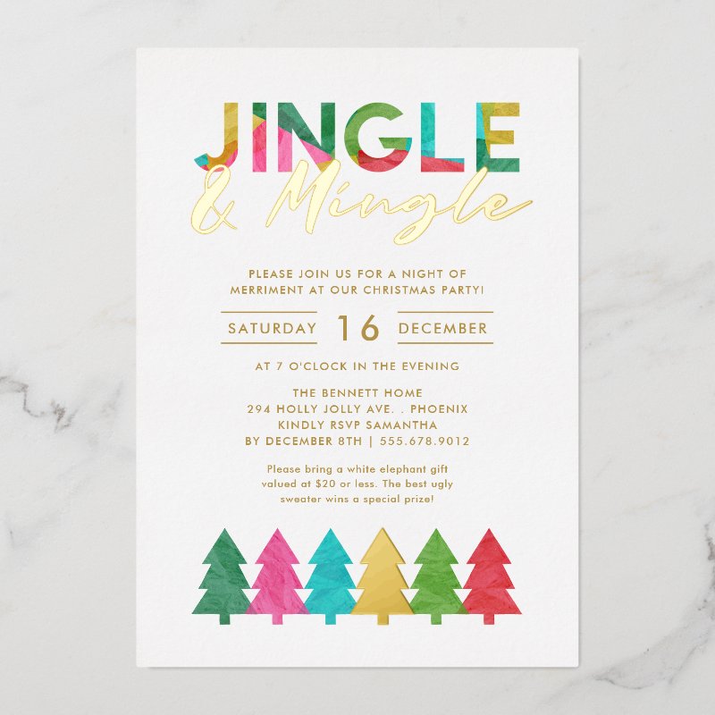 Modern Colorful Jingle and Mingle Christmas Party Foil Invitation 5\\" x 7\\" Foil Invitation