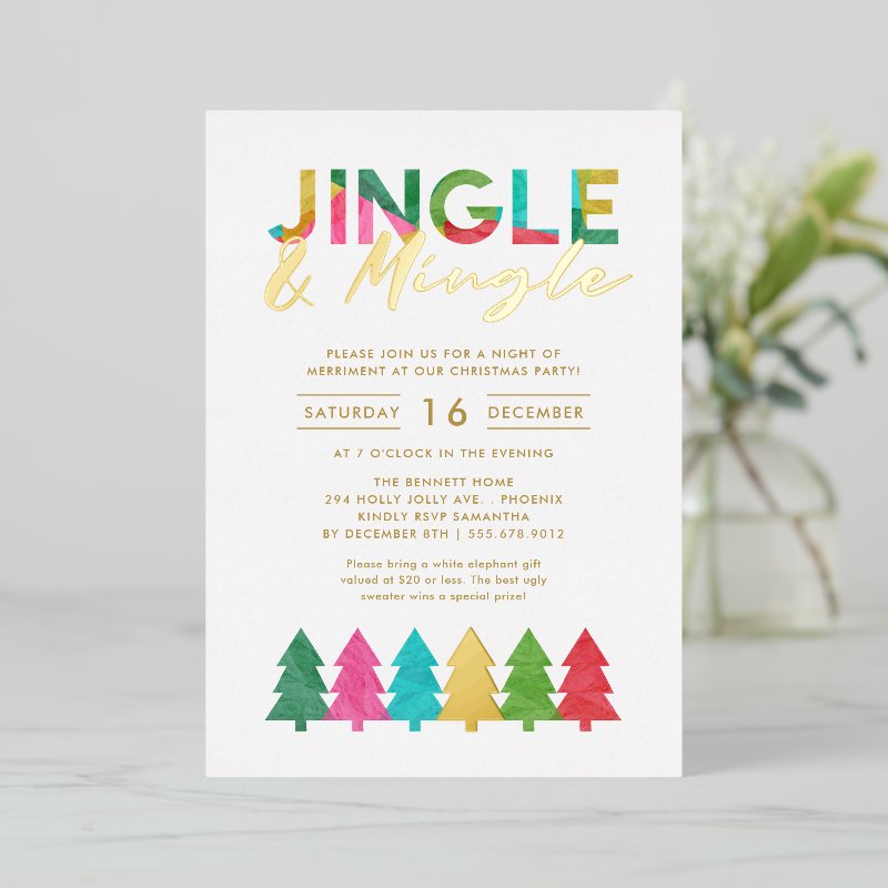 Modern Colorful Jingle and Mingle Christmas Party Foil Invitation 5\" x 7\" Foil Invitation 4 Modern Colorful Jingle and Mingle Christmas Party Foil Invitation 5\\" x 7\\" Foil Invitation