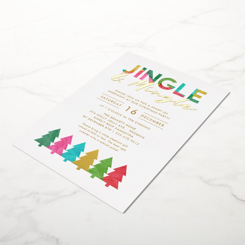Modern Colorful Jingle and Mingle Christmas Party Foil Invitation 5\" x 7\" Foil Invitation 5 Modern Colorful Jingle and Mingle Christmas Party Foil Invitation 5\\" x 7\\" Foil Invitation