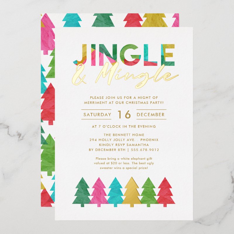 Modern Colorful Jingle and Mingle Christmas Party Foil Invitation 5\" x 7\" Foil Invitation 6 Modern Colorful Jingle and Mingle Christmas Party Foil Invitation 5\\" x 7\\" Foil Invitation