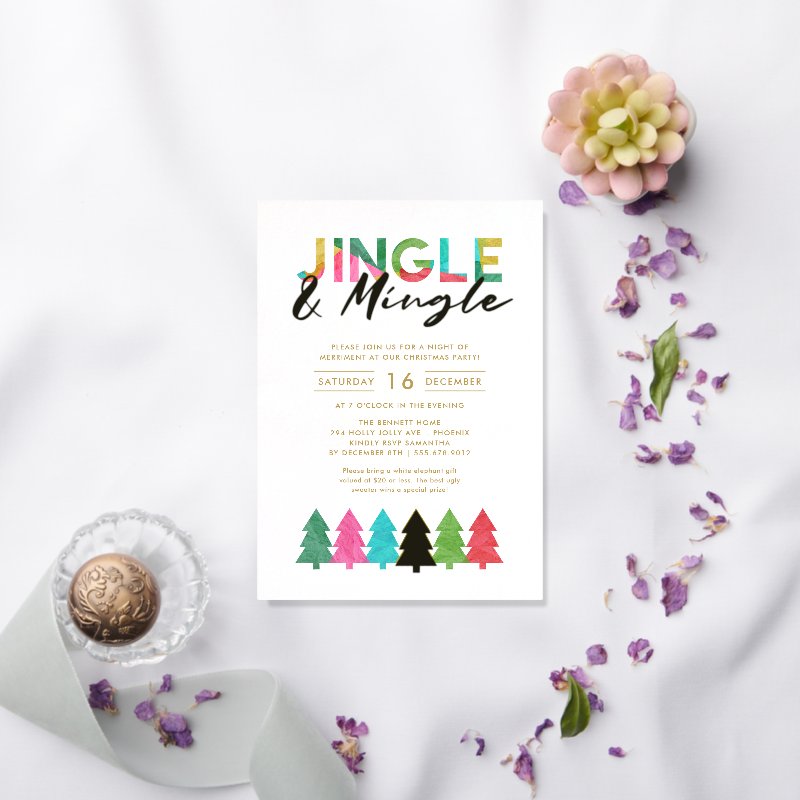 Modern Colorful Jingle and Mingle Christmas Party Foil Invitation 5\" x 7\" Foil Invitation 9 Modern Colorful Jingle and Mingle Christmas Party Foil Invitation 5\\" x 7\\" Foil Invitation