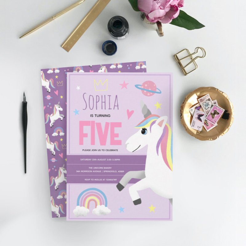 Girls Cute Purple Unicorn Kids 5th Birthday Invitation Flat Invitation, Size: 5\\" x 7\\