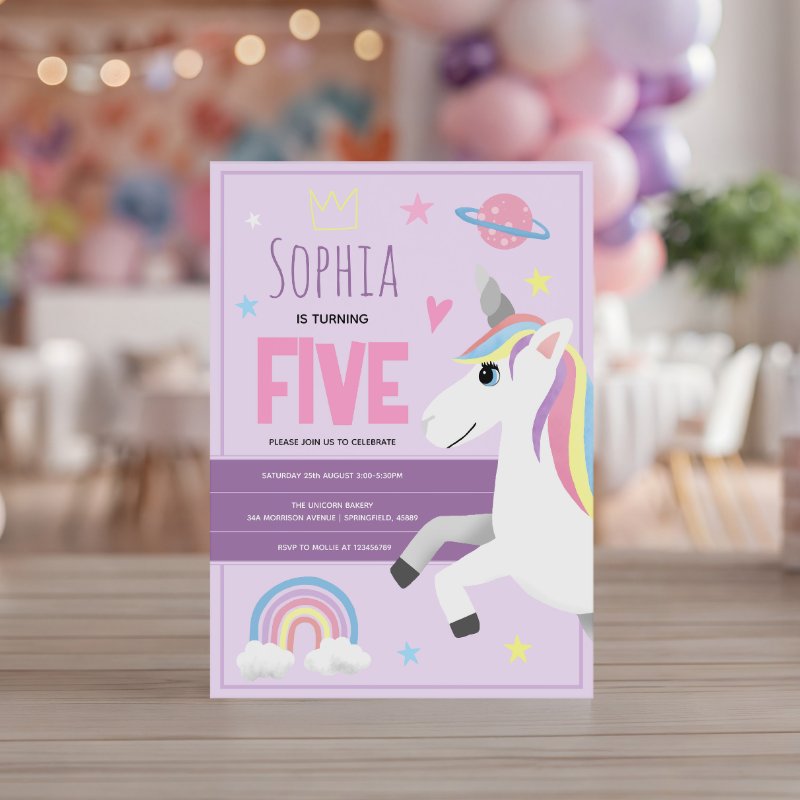 Girls Cute Purple Unicorn Kids 5th Birthday Invitation Flat Invitation, Size: 5\\" x 7\\