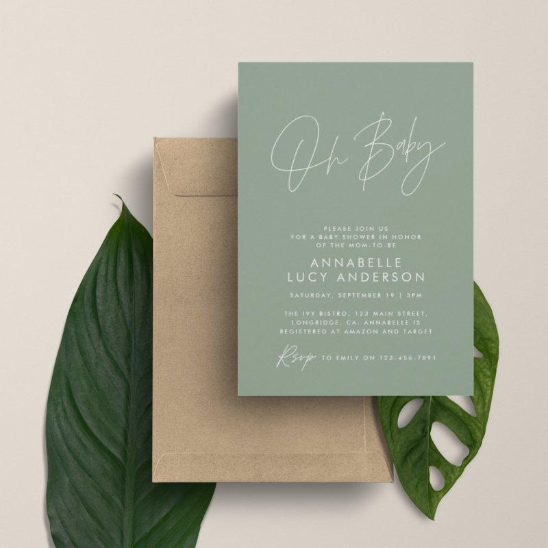 Baby shower script modern sage green elegant invitation Flat Invitation, Size: 5\\" x 7\\