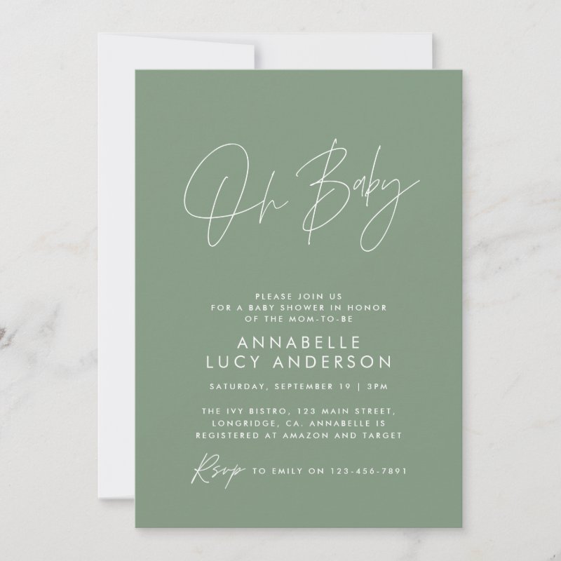 Baby shower script modern sage green elegant invitation Flat Invitation, Size: 5\" x 7\ 3 Baby shower script modern sage green elegant invitation Flat Invitation, Size: 5\\" x 7\\