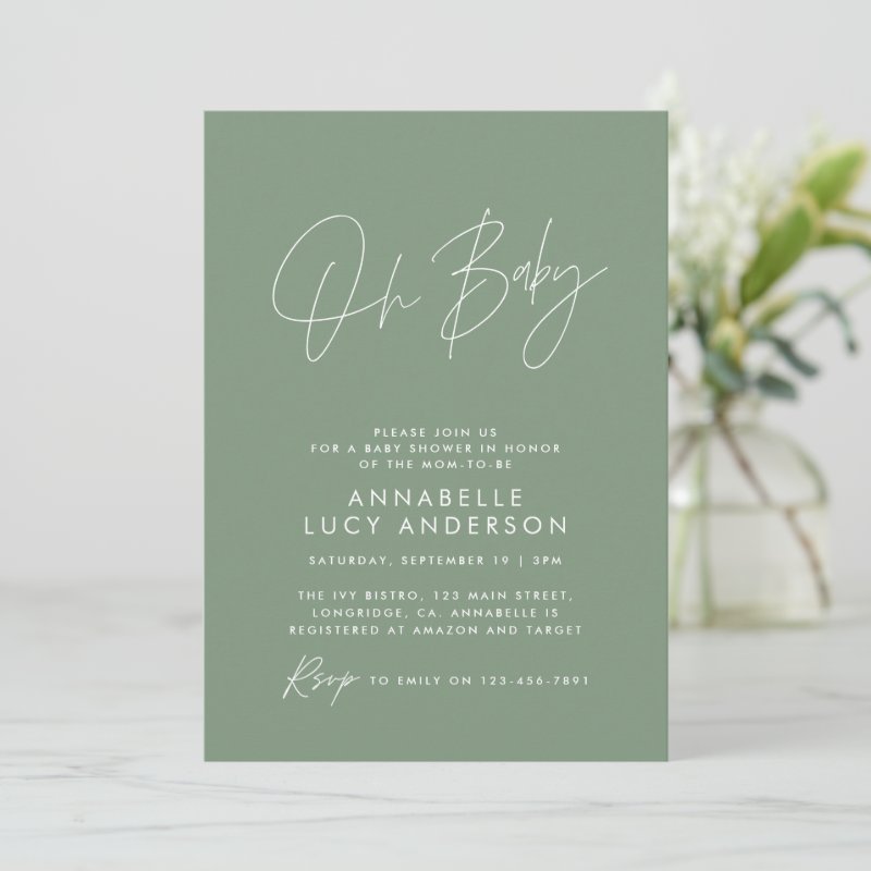 Baby shower script modern sage green elegant invitation Flat Invitation, Size: 5\" x 7\ 5 Baby shower script modern sage green elegant invitation Flat Invitation, Size: 5\\" x 7\\