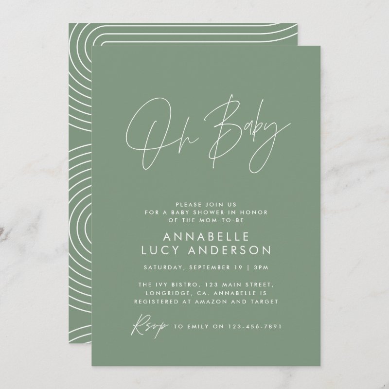 Baby shower script modern sage green elegant invitation Flat Invitation, Size: 5\" x 7\ 6 Baby shower script modern sage green elegant invitation Flat Invitation, Size: 5\\" x 7\\