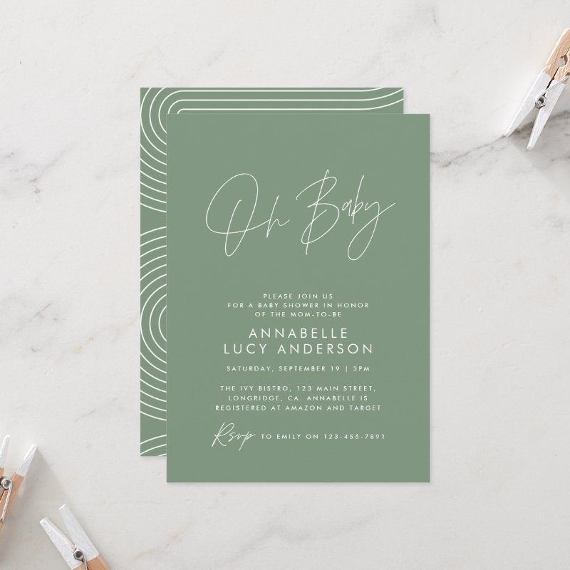Baby shower script modern sage green elegant invitation Flat Invitation, Size: 5\" x 7\ 7 Baby shower script modern sage green elegant invitation Flat Invitation, Size: 5\\" x 7\\