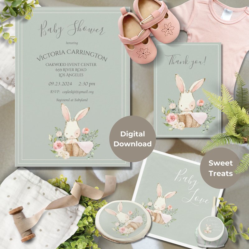 Bunny Watercolor Floral Green Girl Baby Shower Invitation Flat Invitation, Size: 5\\" x 7\\