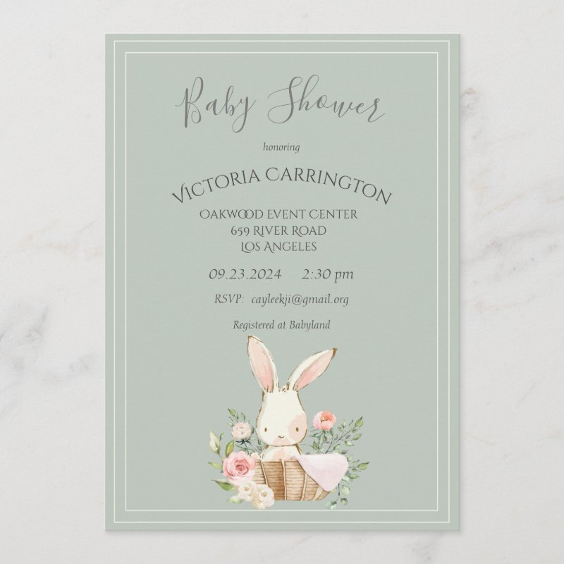 Bunny Watercolor Floral Green Girl Baby Shower Invitation Flat Invitation, Size: 5\\" x 7\\