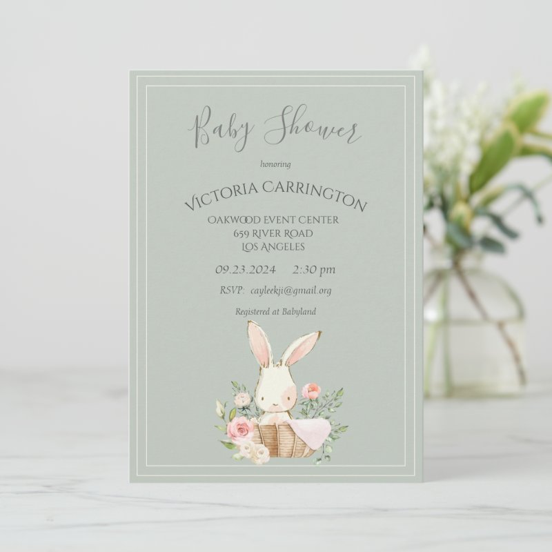 Bunny Watercolor Floral Green Girl Baby Shower Invitation Flat Invitation, Size: 5\" x 7\ 4 Bunny Watercolor Floral Green Girl Baby Shower Invitation Flat Invitation, Size: 5\\" x 7\\