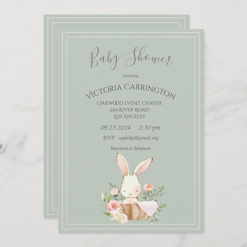 Bunny Watercolor Floral Green Girl Baby Shower Invitation Flat Invitation, Size: 5\" x 7\ 5 Bunny Watercolor Floral Green Girl Baby Shower Invitation Flat Invitation, Size: 5\\" x 7\\