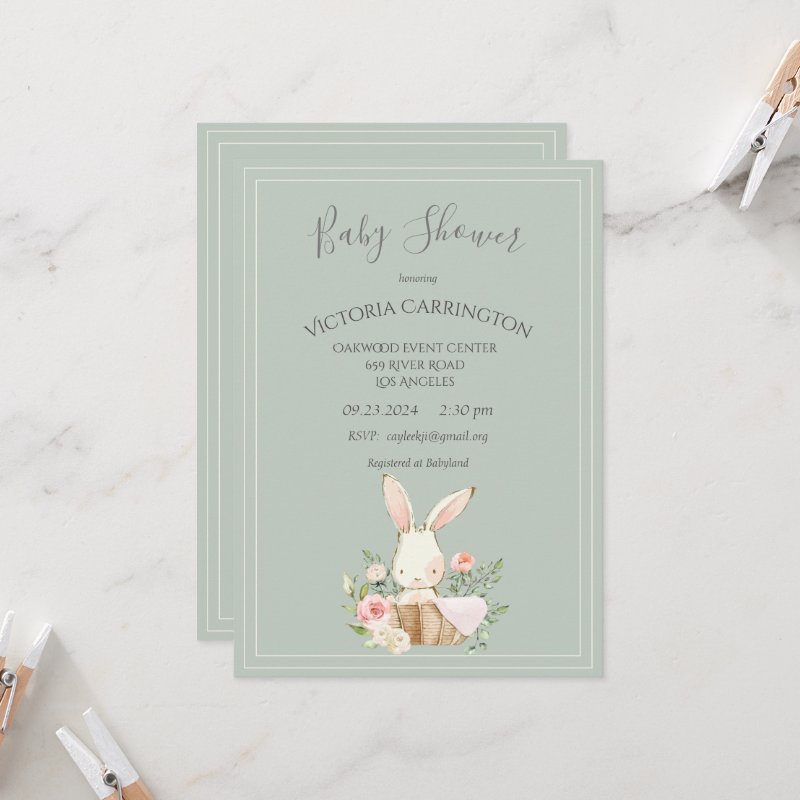 Bunny Watercolor Floral Green Girl Baby Shower Invitation Flat Invitation, Size: 5\" x 7\ 6 Bunny Watercolor Floral Green Girl Baby Shower Invitation Flat Invitation, Size: 5\\" x 7\\