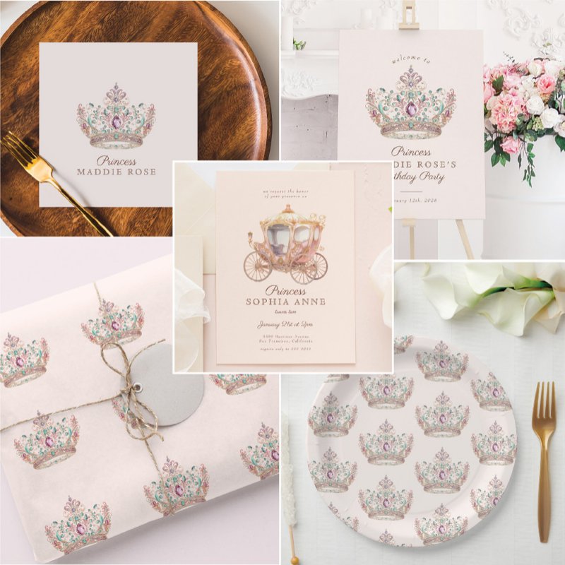 Pink Gold Princess Crown Fairytale Birthday Party Invitation Flat Invitation, Size: 5\\" x 7\\