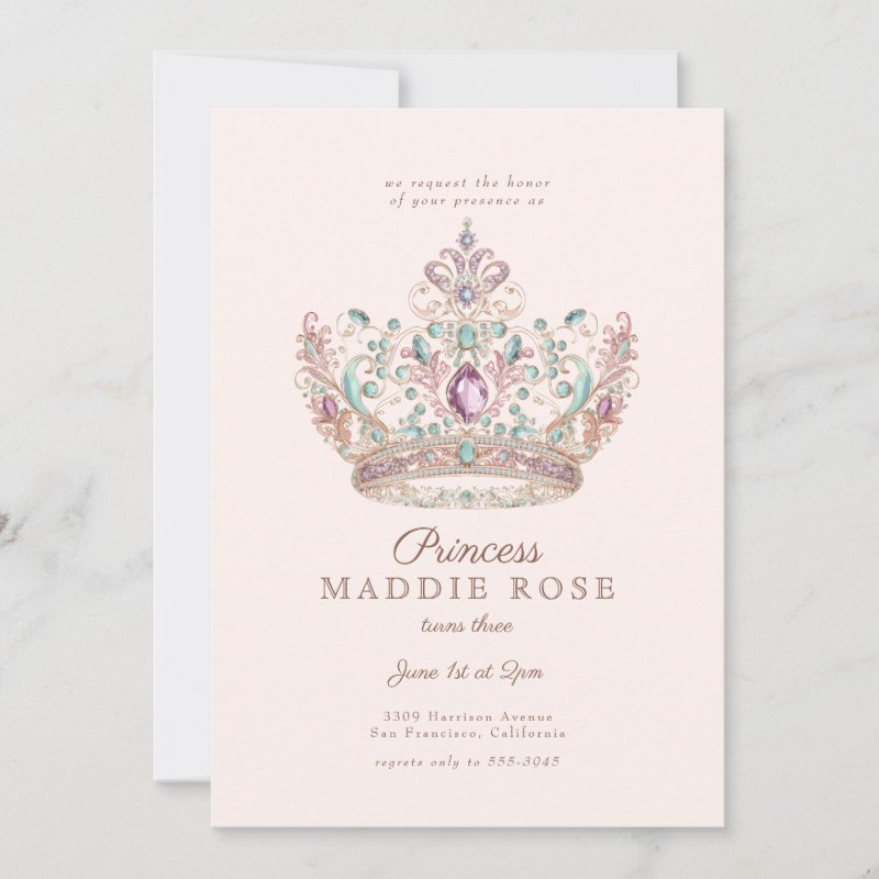 Pink Gold Princess Crown Fairytale Birthday Party Invitation Flat Invitation, Size: 5\\" x 7\\