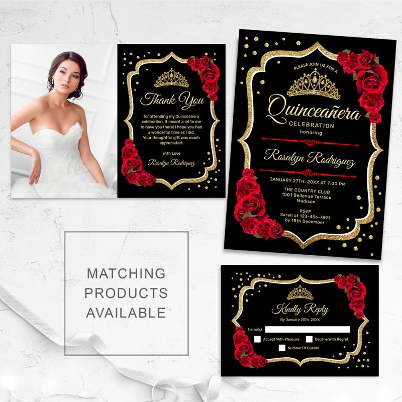 Quinceanera - Black Red Gold Invitation Flat Invitation, Size: 5\\" x 7\\