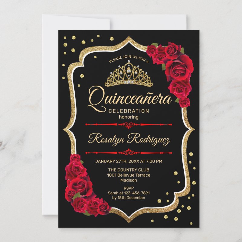 Quinceanera - Black Red Gold Invitation Flat Invitation, Size: 5\\" x 7\\