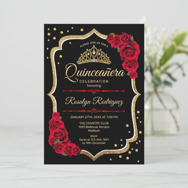 Quinceanera - Black Red Gold Invitation Flat Invitation, Size: 5\" x 7\ 4 Quinceanera - Black Red Gold Invitation Flat Invitation, Size: 5\\" x 7\\