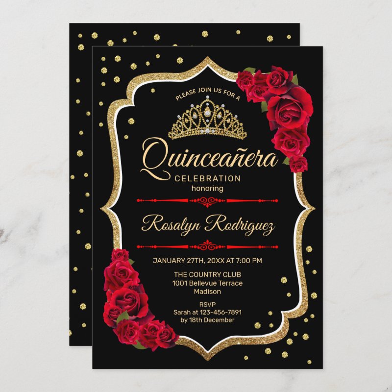 Quinceanera - Black Red Gold Invitation Flat Invitation, Size: 5\" x 7\ 5 Quinceanera - Black Red Gold Invitation Flat Invitation, Size: 5\\" x 7\\