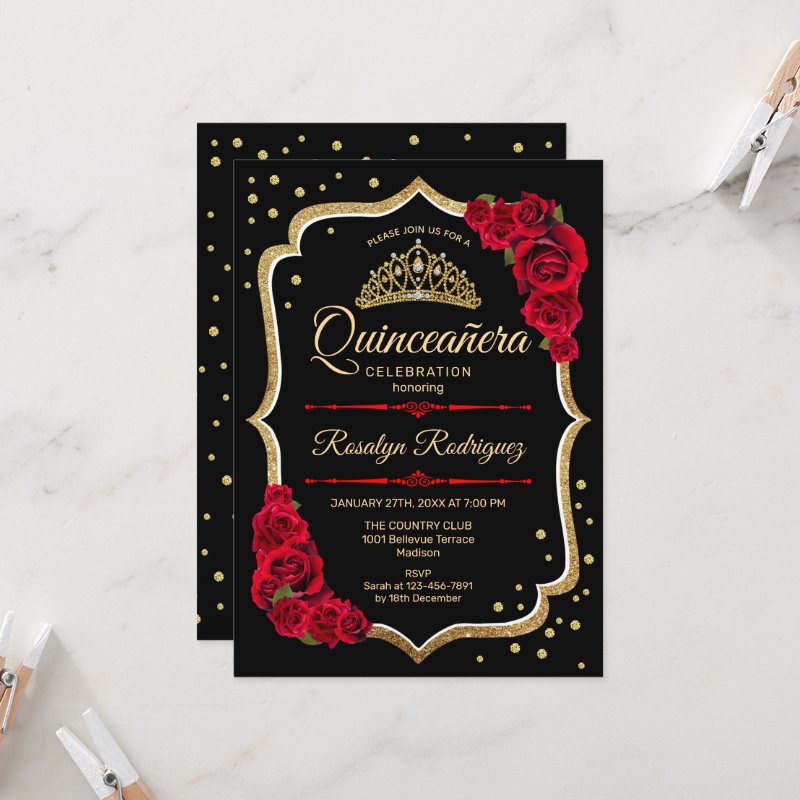 Quinceanera - Black Red Gold Invitation Flat Invitation, Size: 5\" x 7\ 6 Quinceanera - Black Red Gold Invitation Flat Invitation, Size: 5\\" x 7\\