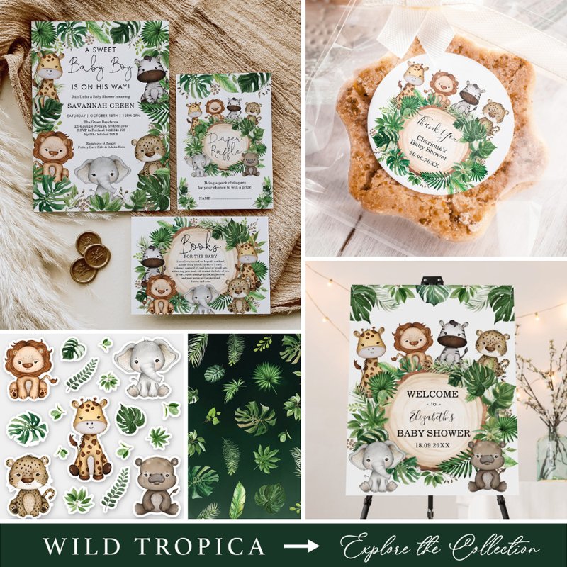 Tropical Jungle Safari Animals Boy Baby Shower Invitation Flat Invitation, Size: 5\\" x 7\\