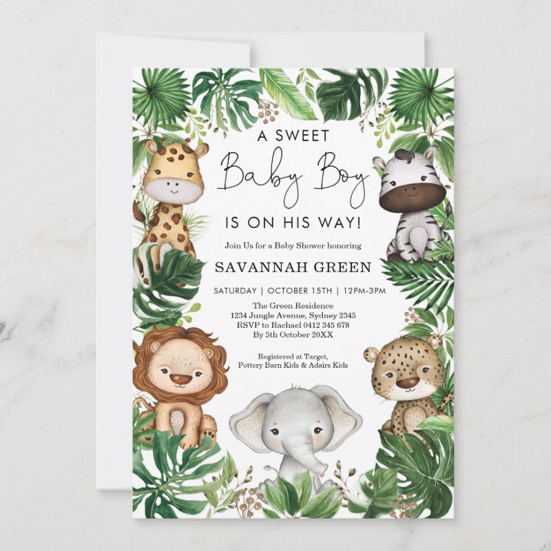 Tropical Jungle Safari Animals Boy Baby Shower Invitation Flat Invitation, Size: 5\\" x 7\\