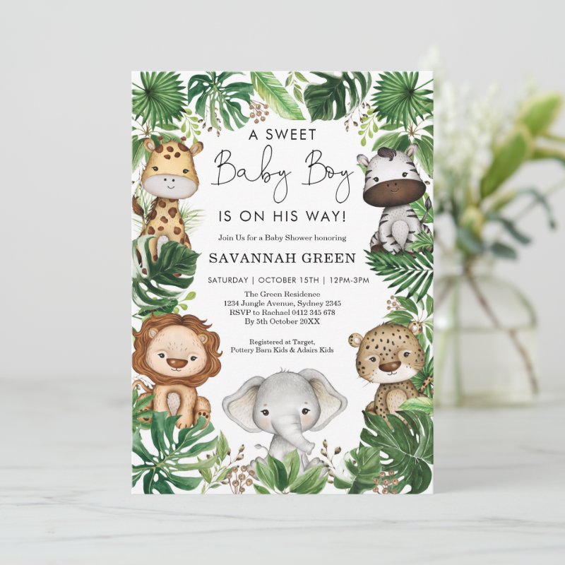 Tropical Jungle Safari Animals Boy Baby Shower Invitation Flat Invitation, Size: 5\" x 7\ 4 Tropical Jungle Safari Animals Boy Baby Shower Invitation Flat Invitation, Size: 5\\" x 7\\