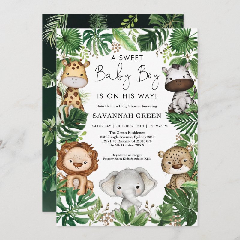 Tropical Jungle Safari Animals Boy Baby Shower Invitation Flat Invitation, Size: 5\" x 7\ 5 Tropical Jungle Safari Animals Boy Baby Shower Invitation Flat Invitation, Size: 5\\" x 7\\